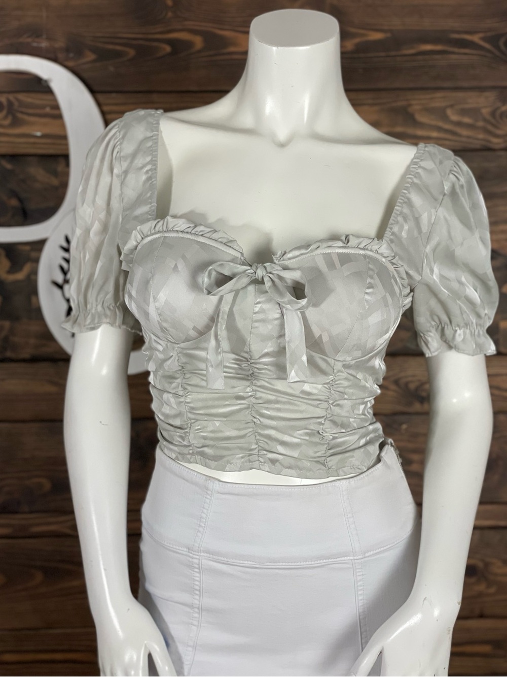 Haute Monde | Satin Sage Green Ruched Puff Sleeve Crop Top‎ Coquette Cottagecore
